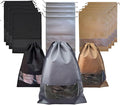 12 PCs Shoe Bags for Travel, Packing, Storage, Organizing & Suitcase. Reusable Dustproof & Water Resistant Sneakers Pouch Protectors with Clear Window & Drawstring. Laundry & Toys (Sand, Gray & Black)