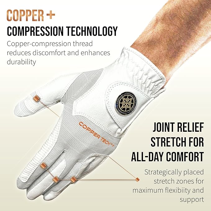 Copper Tech Golf Gloves Men Right Handed Golfer or Left Handed Golfer (2nd Gen) | Copper Compression Joint Support Golf Glove (White/White, X-Large, [Right Hand] for Left Handed Golfers)