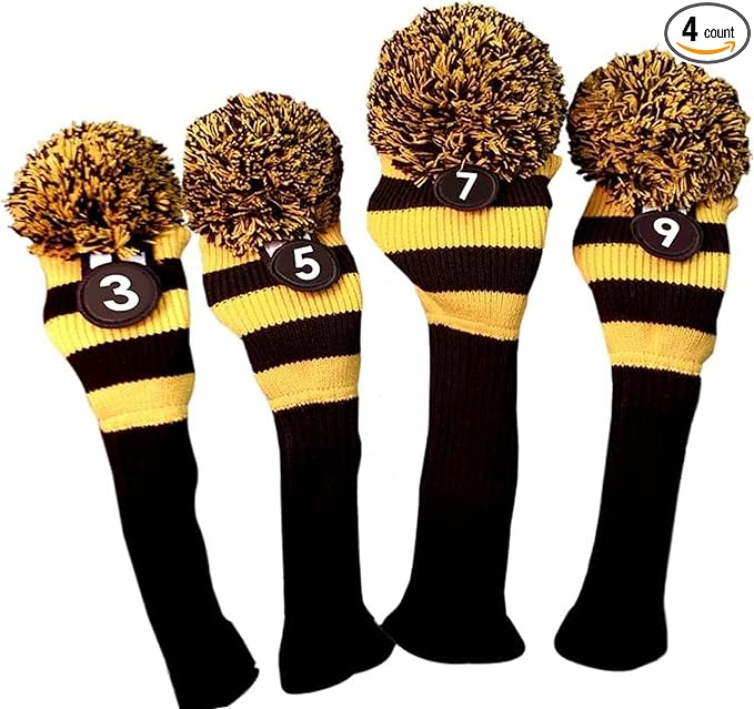 Majek Golf Club 3 5 7 9 Yellow and Black Limited Edition Fairway Wood Head Covers Tour Knit Retro Vintage Pom Classic Long Neck Metal Longneck Woods Headcovers