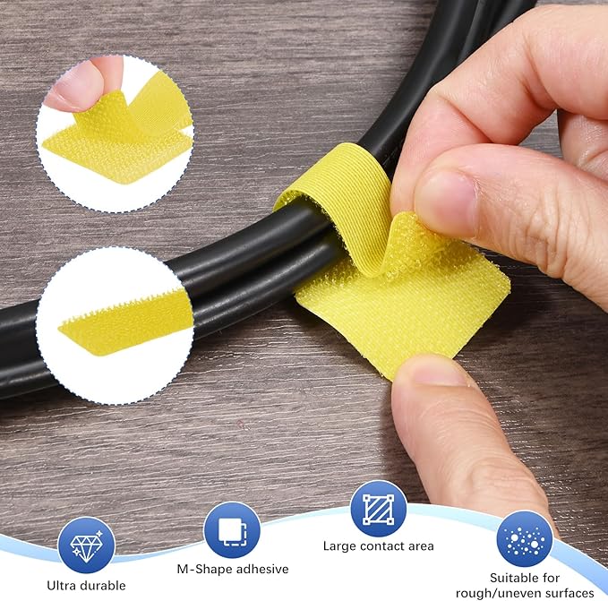 100-Pack Hook and Loop Cable Ties, 3.5 x 1.1 Inch Enhanced Self-Adhesive Cord Organizer for Desk/Home/Wall/Office Essentials, Cable Management Under Desk [Yellow]