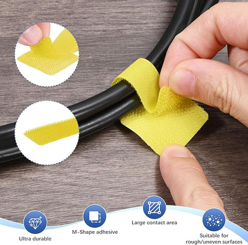 100-Pack Hook and Loop Cable Ties, 3.5 x 1.1 Inch Enhanced Self-Adhesive Cord Organizer for Desk/Home/Wall/Office Essentials, Cable Management Under Desk [Yellow]