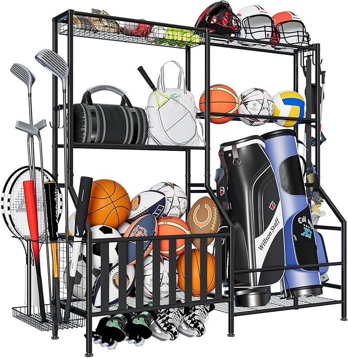 Sports Equipment Organizer, Heavy Duty Golf Bags Stand, Extra Large Ball Storage Rack for Garage, Sports Gear Storage with Basket and Hooks, Black