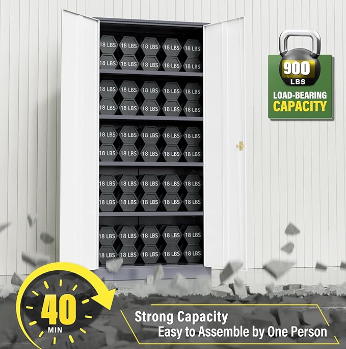 Greenvelly Metal Storage Cabinet,72” Metal Cabinet Storage with Doors and 4 Adjustable Shelves,Tall Storage Cabinet for Home,School,Gym(Grey White)