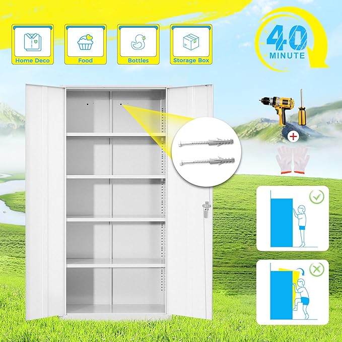 Pataku Metal Storage Cabinet, 72" Garage Cabinet with Doors and Shelves Lockable Steel Multifunctional Cabinets, White File Cabinets for Home, Office, Warehouse