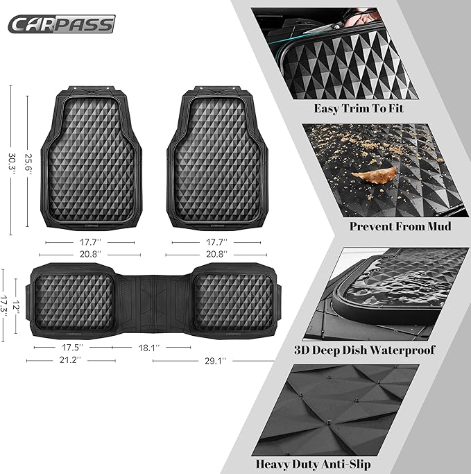 CAR PASS 3 Row Heavy Duty Rubber Car Mats, Deep-Dish All-Weather for 7 Seats 8 Seater 2nd & 3rd Floor Mats Waterproof Universal Trim Fit Liner Van,SUV,7 Passengers Vehicle,Automotive 3D Rhombus Black