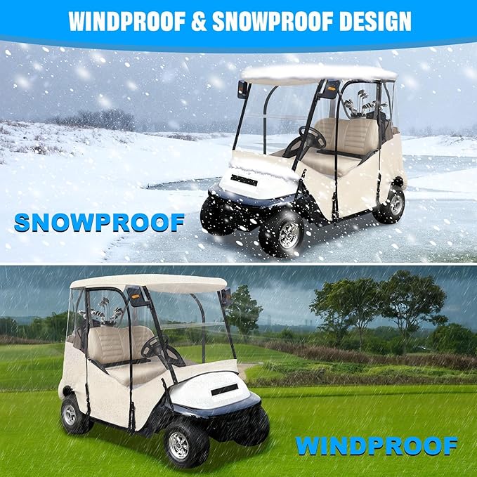 iLSKW Golf Cart Driving Enclosure 2 Passenger Only for Club Car Precedent 2004-Up, Tempo & Onward 2017-Up Cart with Roll Up Door Zipper Design, 4-Side Clear Windows 600D Heavy Duty Rain Cover