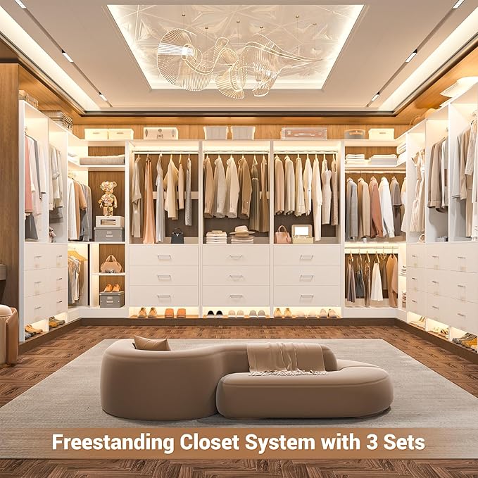 Aheaplus Closet System with 3 Drawers, 2 Hanging Rods & Corner Tower, Corner Closet System with Hanging, L-Shaped Walk-In Wardrobe Organizer, 1300+ lbs Capacity, Set of 2, White