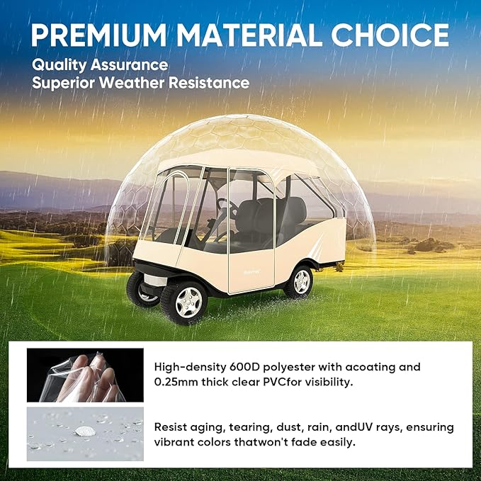 Rosefray Golf Cart Enclosure, 2+2 Drivable Rain Cover, Short Roof 58" - EZGO, Club Car - Durable Door Zipper - 4 Seater Golf Cart Cover Glowing at Night