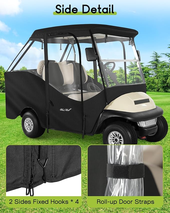 4 Passenger Golf Cart Enclosure for Club Car Precedent Tempo Short Roof 2+2 57.5" Waterproof Windproof Driving Rain Cover 4-Seater with 4-Sided Clear Windows Roll-up Zipper Door Black