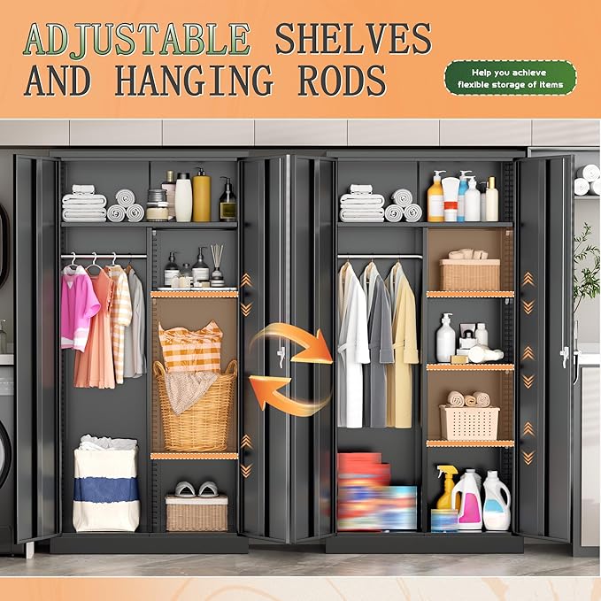 Greenvelly Metal Wardrobe Cabinet with Locking Doors, 72"H Black Metal Wardrobe Closet with Hanging Rods and Adjustable Shelves, Clothing Storage Closet for Home, Office, Employee, Gym (16" D x 32" W)