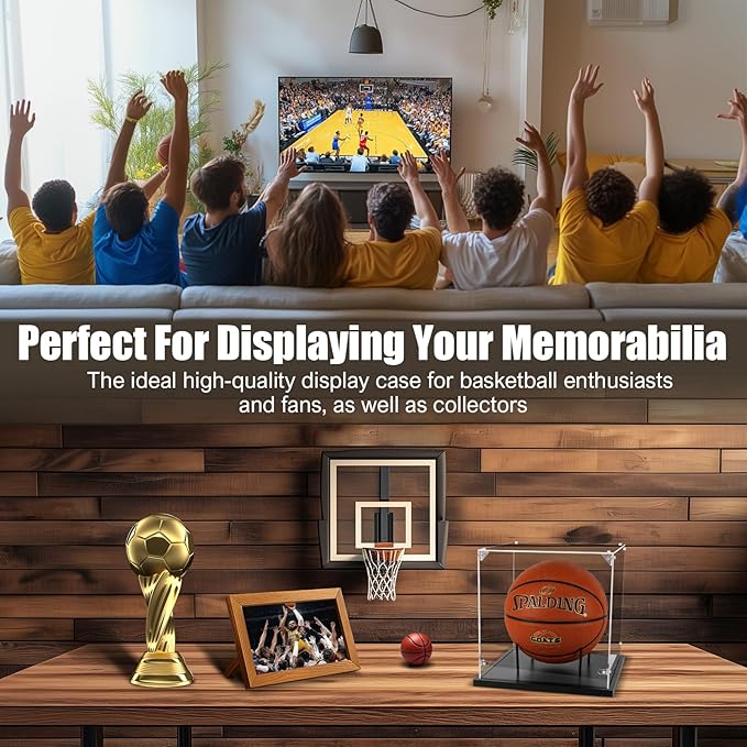 Basketball Display Case Acrylic Clear, UV Protected Basketball Box with Solid Wood Base & Full Size Soccer Display Stand for NBA WNBA Ball Memorabilia Keepsake, Ideal Gift, Black