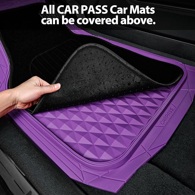 CAR PASS Heavy Duty Rubber Car Mats, Deep Dish All-Weather Floor Mat for Car Full Set Durable Anti-Slip 3D Rhombus Waterproof Trim to Fit Liner Universal Fit Automotive,Sedan,SUV,Truck, 3 Pcs Purple