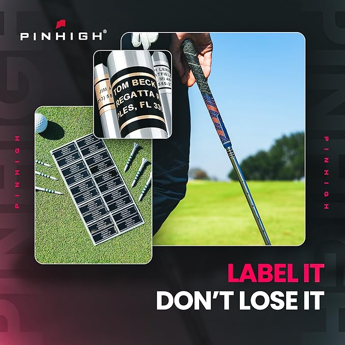 PIN HIGH 20 Personalized Golf Club ID Labels | Weatherproof, Fade Resistant, Laminated Thermal Transfer Labels, Made in The USA, (Free Customization & Shipping), Black