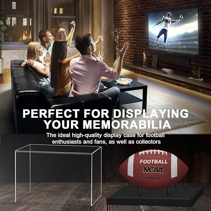 Football Display Case, Acrylic Football Case Clear, UV Protected Display Case with Solid Wood Base Stand for Full Size Signed Football Holder for Football Fans & Collectors