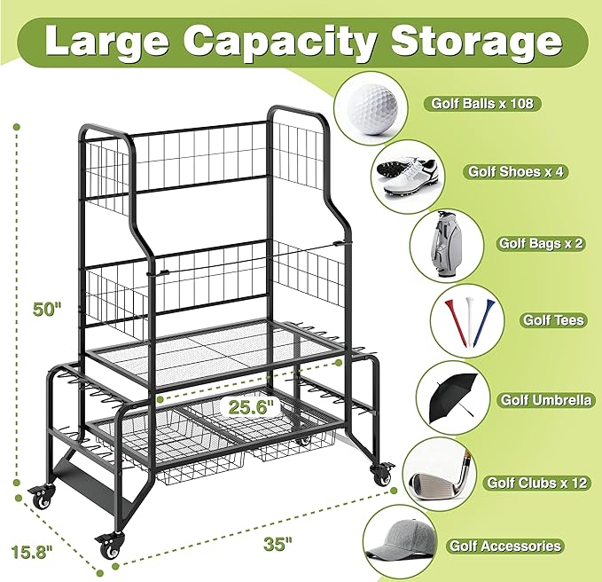 2 Golf Bag Storage Organizer Stand for Garage Heavy Duty Metal Golf Bags Storage Rack with Wheels Wave Club Holder 2 Drawers & Shoe Rack for Home Basement Shed