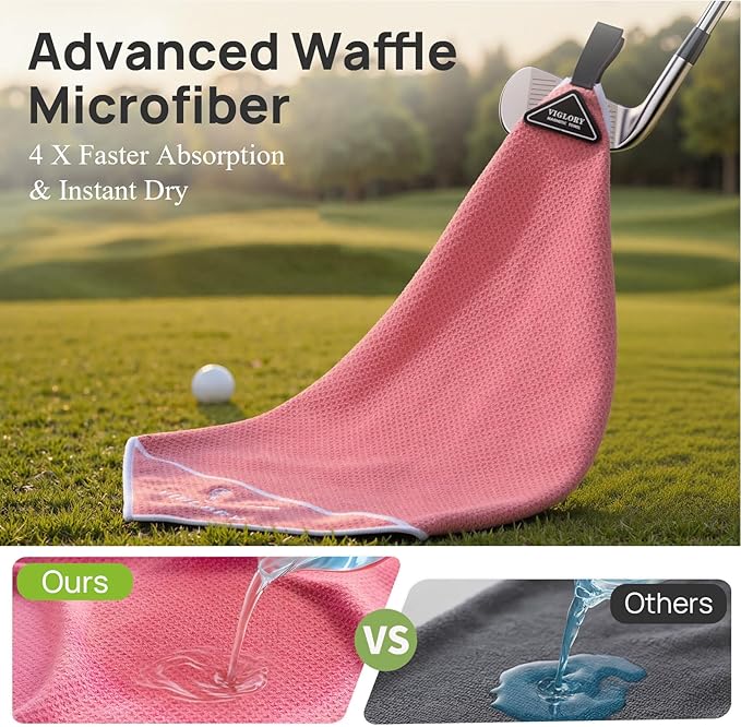 Magnetic Golf Towel for Bag 18" x 18" with Clip Exclusive Cleaning Pocket Microfiber Waffle Ultra Absorbent Club Ball Cleaner Essential Golf Accessories and Gifts for Women(Pink 1 Pack)
