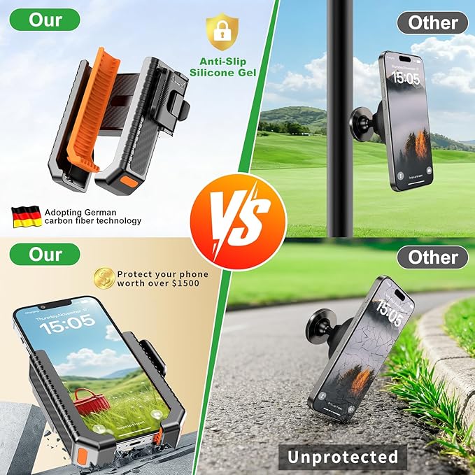 2-in-1 Golf Cart Phone Holder Mount[Magnetic Base&Vise Clamp] Compatible with All 4.5-7" Smartphones (iPhone/Galaxy/Google).Universal Fit for Golf Accessories,EZGO/Club Cars/Yamaha/Golf Cart