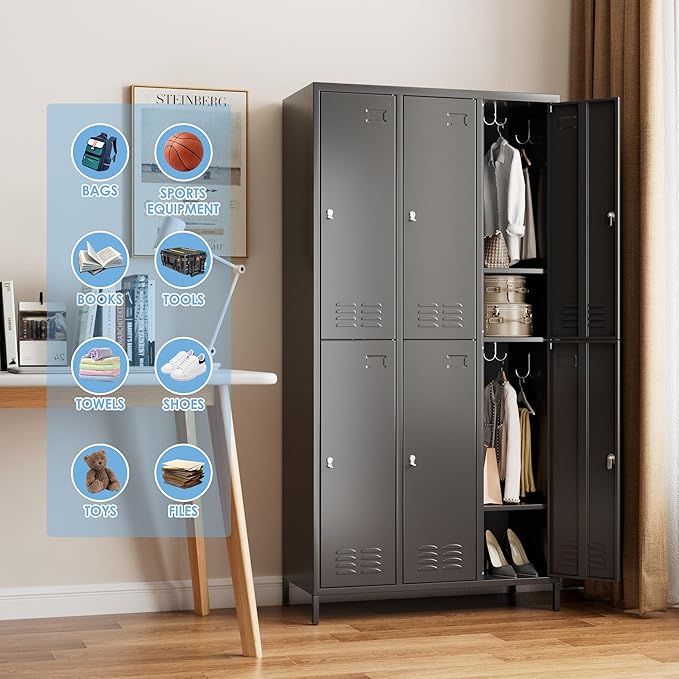 METAN Metal Locker for School Office Gym Bedroom,6 Doors Steel Storage Locker Cabinet for Employees,Industrial Storage Locker with 1 Shelves,Assembly Required (6 Door-Black)
