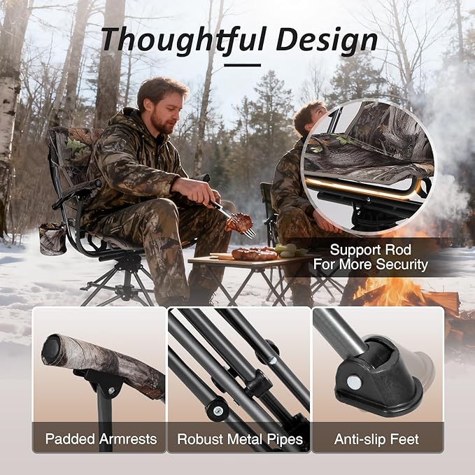 REDCAMP 360° Swivel Hunting Chairs for Ground Blinds, Camo Camping Chairs Portable Folding, Hunting Seats with Hard Arms for Fishing Camping