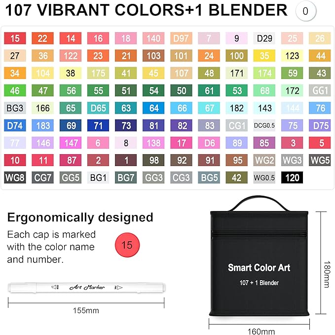 Smart Color Art 108 Pack Art Markers, 107 Alcohol Based Marker Pens and 1 Blender, Dual Tip Coloring Permanent Markers Highlighters with Case, Excellent for Adults Kids Marking Drawing Sketching