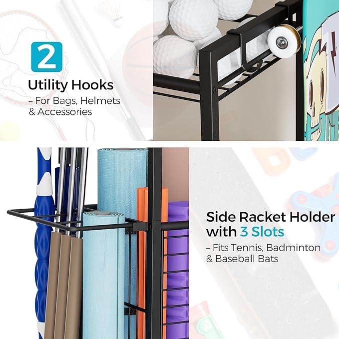 Large Garage Sports Equipment Organizer with Wheels, 3-Tier Ball Storage Rack for Basketballs, Soccer Balls & Sports Gear, Outdoor Sports Organizer with Bat Holder& Hooks, Toy Storage– 31"W