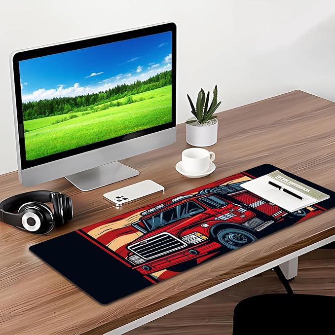 American Flag Fire Truck Gaming Mouse Pad, Desk Mat, Non-Slip Rubber Base Cool Aesthetic MousePads for Computer Laptop Keyboard Office School Home Desktop Accessories Decor 31.5" x 11.8"