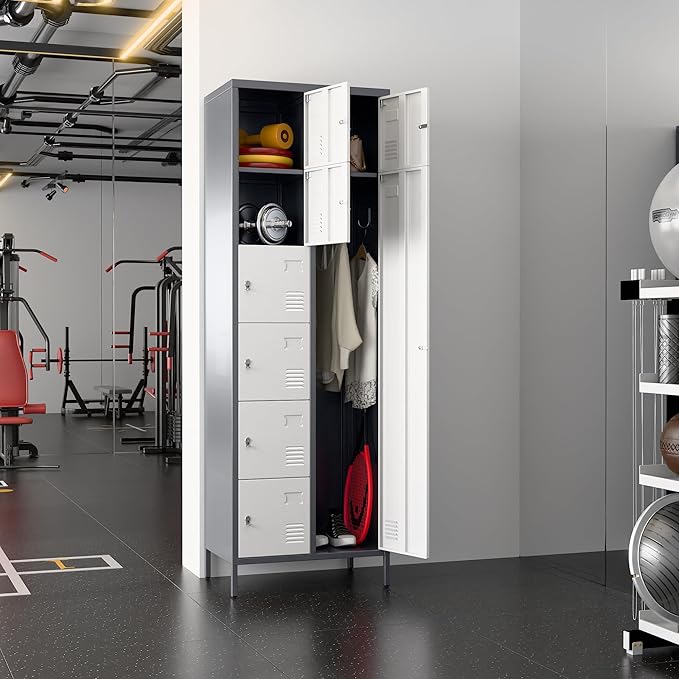 METAN Metal Locker for School Office Gym Bedroom, 8 Doors Steel Storage Locker Cabinet for Employees, Industrial Storage Locker, Assembly Required (Gray White)