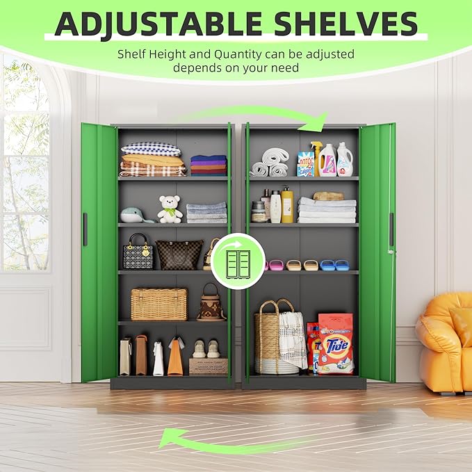 INTERGREAT Metal Storage Cabinet with Doors, 72" Locking Steel Storage Cabinet with Shelves, Tall Metal Cabinet Lockable Steel Cabinets for Home Office, Garage,(Black+Green)