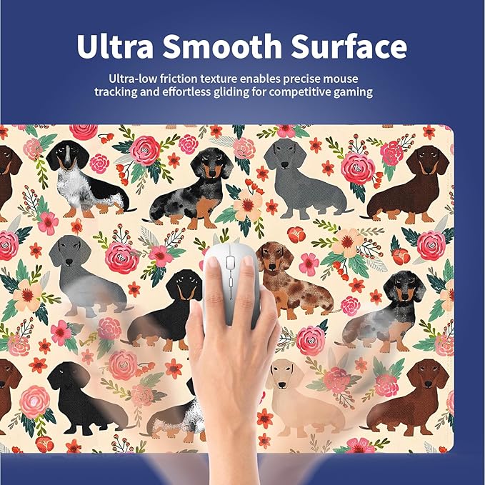Extended XXL Gaming Mouse Pad with Stitched Edges for PC Home & Office - Colorful Floral Dachshund Dogs Cute Puppies Pink Flowers Seamless Design, Smooth Fabric Surface Anti-Slip Base Large Desk Mat