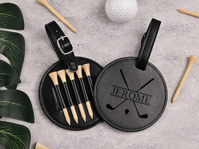 CFuniq® Engraved Leather Golf Bag Tag Gift with Golf Tees, Personalized Golf Tee Holder, Custom Golf Accessories, Groomsmen Gifts, Golf Gift for Men Women