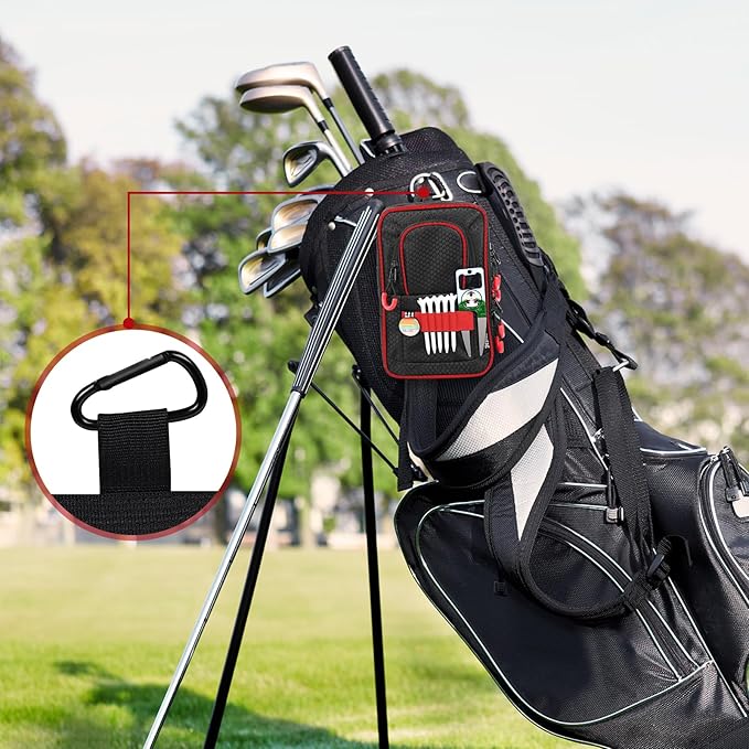 mytag Golf Ball Bag Pouch | Store 12-15 Balls, Golf Valuables Pouch Portable Outfit Organizer Bag Organizer Case Multipocket (Red/Black)
