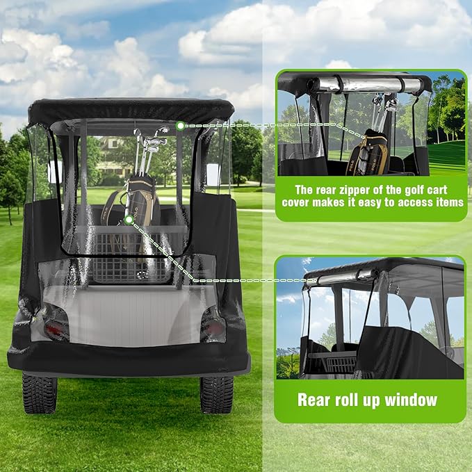 2-Person Golf Cart Rain Enclosure for EZGO TXT/RXV | All-Weather Waterproof Driving Cover with 600D Fabric & 4-Side Clear PVC Windows | Windproof & Full Protection
