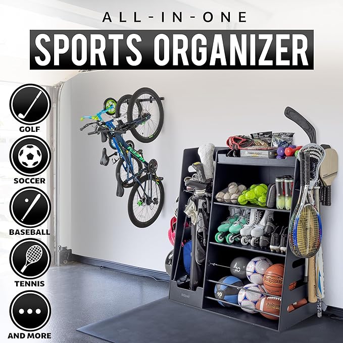 GoSports Premium Wooden Sports Equipment Organizer with Storage Hooks - Golf Bag Rack and Multi-Sport Ball Bin for Garage