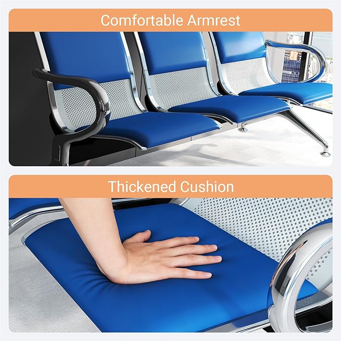 Kinfant Blue 9-Seat Waiting Room Chairs with Arms – Heavy-Duty Steel Frame PU Leather Back & Cushioned Seat, Ergonomic Office Reception Guest Chair for Lobby, Clinic, Airport