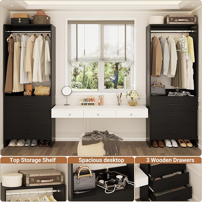 Aheaplus Closet System Closet Organizer, Wood Closet Organizer System, Walk-in Closet or Small Closets Wardrobe, Clothes Rack with Hanging Rods, 4FT Closets, Set of 2, Black