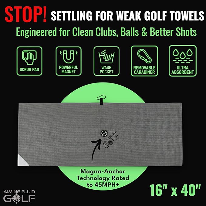 Magnetic Towel Club Glove Gear - 3 Stage Cleaning System- Microfiber Rag with Magnet for Golfcart Bags for Men and Women Cool Grey, 16" x 40" The 40