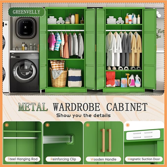 Greenvelly Metal Wardrobe Cabinet with Wooden Handle, 72" Metal Wardrobe Closet with Hanging Rods and Adjustable Shelves, Clothing Storage Closet Cabinet for Home, Office, Employee, Gym (Green)
