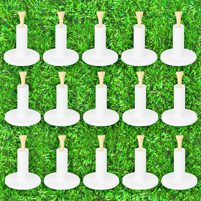 15 Set Golf Rubber Tee Holder Set for Driving Range Golf Practice Mat Indoor Outdoor Size 1.5 Inch (15 Golf Rubber Tee Holders, 15 Bamboo Tees)
