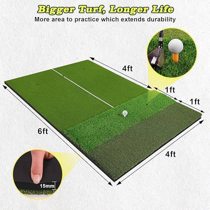 Tri-Turf Premium Golf Hitting Mat, 6x4ft Extra Large, 50mm/55mm/31mm Extra Thick, Non-Slip Foam Base, Dense Artificial Grass, Accept Real Tees, Indoor & Outdoor Practice, Drive/Chip/Pitch, with Tees