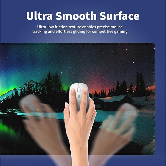 Wknoon. Extra Large Gaming & Office Mouse Pad (31.5" x 11.8") – Aurora Borealis Over Winter Landscape Snow Mountains & Calm Lake & Captivating Night Sky, XXL Desk Mat with Durable Stitched Edges