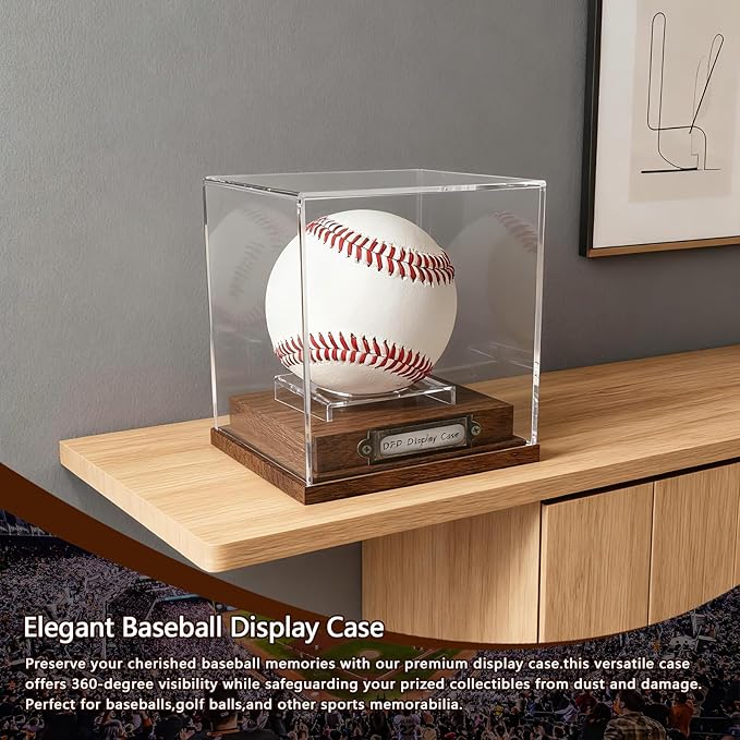 Baseball Display Case - Clear Cube Baseball Holder with Walnut Wood Base,Memorabilia Autograph Stand Box for Single Ball,Ideal Gift for Collector & Sports Enthusiast(1 Pack Baseball)