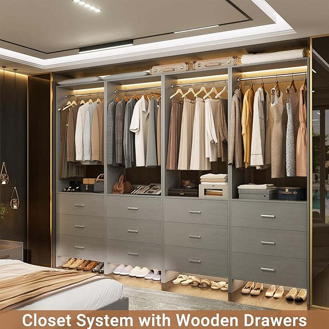 Aheaplus Closet System Closet Organizer, Wood Closet Organizer System, Walk-in Closet or Small Closets Wardrobe, Clothes Rack with Hanging Rods, 8FT Closets, Set of 4, Grey