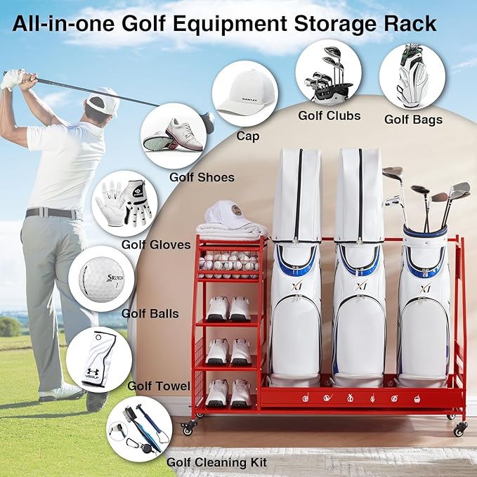 Lauren&Harold Golf Bag Organizer Garage Storage, Golf Storage Rack Stand Fits 2 Golf Bags, Golf Clubs and Other Golfing Equipment Accessories, Golf Organizer for Garage, Club, Shed, Basement