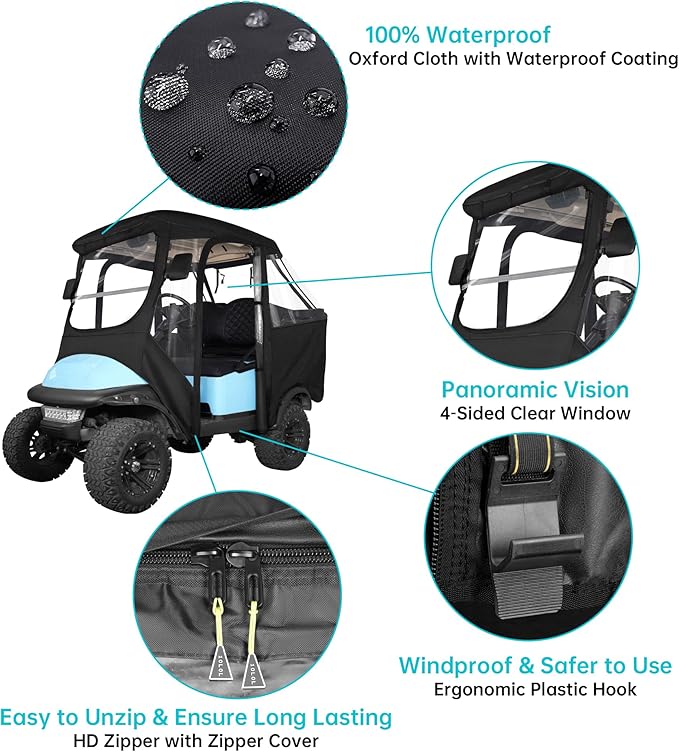 10L0L 4 Passenger Golf Cart Driving Enclosure for Club Car Precedent with Short Roof Up to 57", 4-Sided Clear Window 600D Rain Cover All Weather Windproof Waterproof-Black