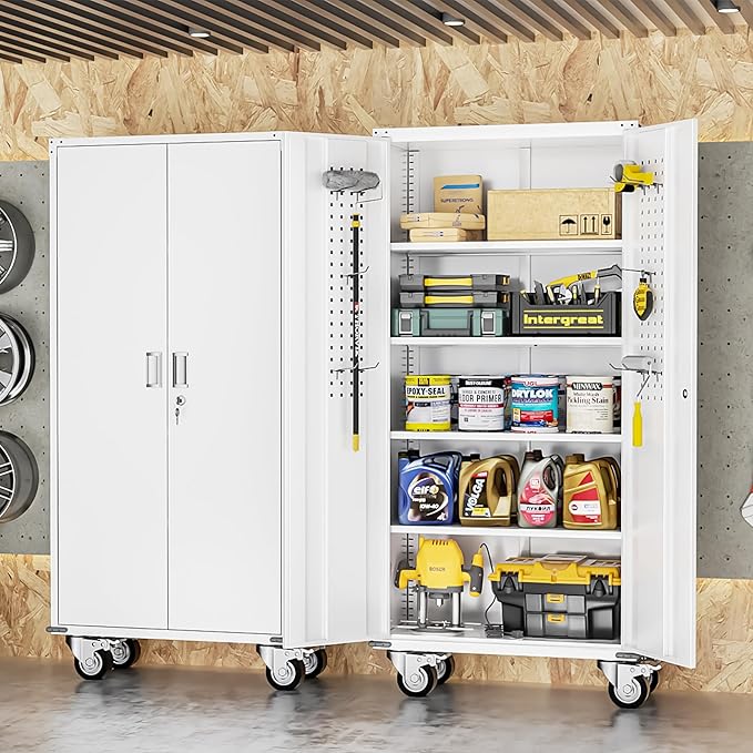 INTERGREAT Rolling Metal Cabinet with Wheels,72" Locking Storage Cabinet with Adjustable Shelves,Large Capacity Pulley Cabinets for Home Office,School,Garage(White)