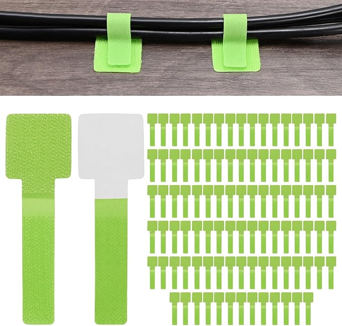 100-Pack Hook and Loop Cable Ties, 3.5 x 1.1 Inch Enhanced Self-Adhesive Cord Organizer for Desk/Home/Wall/Office Essentials, Cable Management Under Desk [Green]