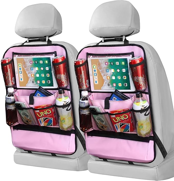 LUCMO Car Backseat Organizer with Touch Screen Tablet Holder-2 Pcs,9 Storage Pockets Car Storage Organizer Protectors Kick Mats Travel Accessories for Kids-Pink