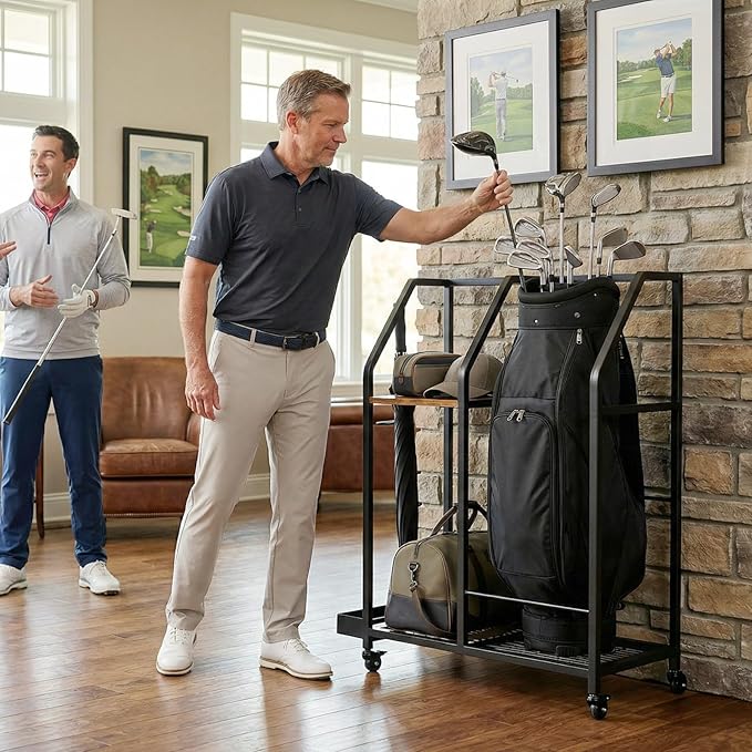 Golf Storage Organizer for Garage, Golf Bag Storage Rack with Wheels, Mobile Golf Club Rack for Garage, Heavy Duty Golf Bag Holder Stand with Rolling Wheels & Multi Storage