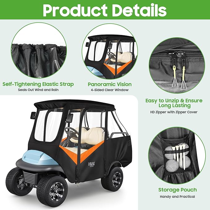 10L0L Golf Cart 4 Passenger Enclosure for Club Car Precedent Short Roof 57.5" Deluxe 600D Golf Cart Heavy Duty Rain Cover with 4 Zipped Doors Clear PVC Windows (Latest Improved Version)