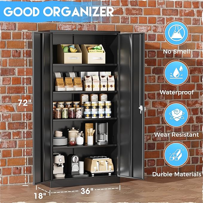 Greenvelly Metal Storage Cabinets 72” Black Garage Steel Storage Cabinet with Doors and Shelves, Metal Tool Cabinet, Steel File Cabinet for Home Office, Basement, Warehouse, Classroom（Anti Tipping）